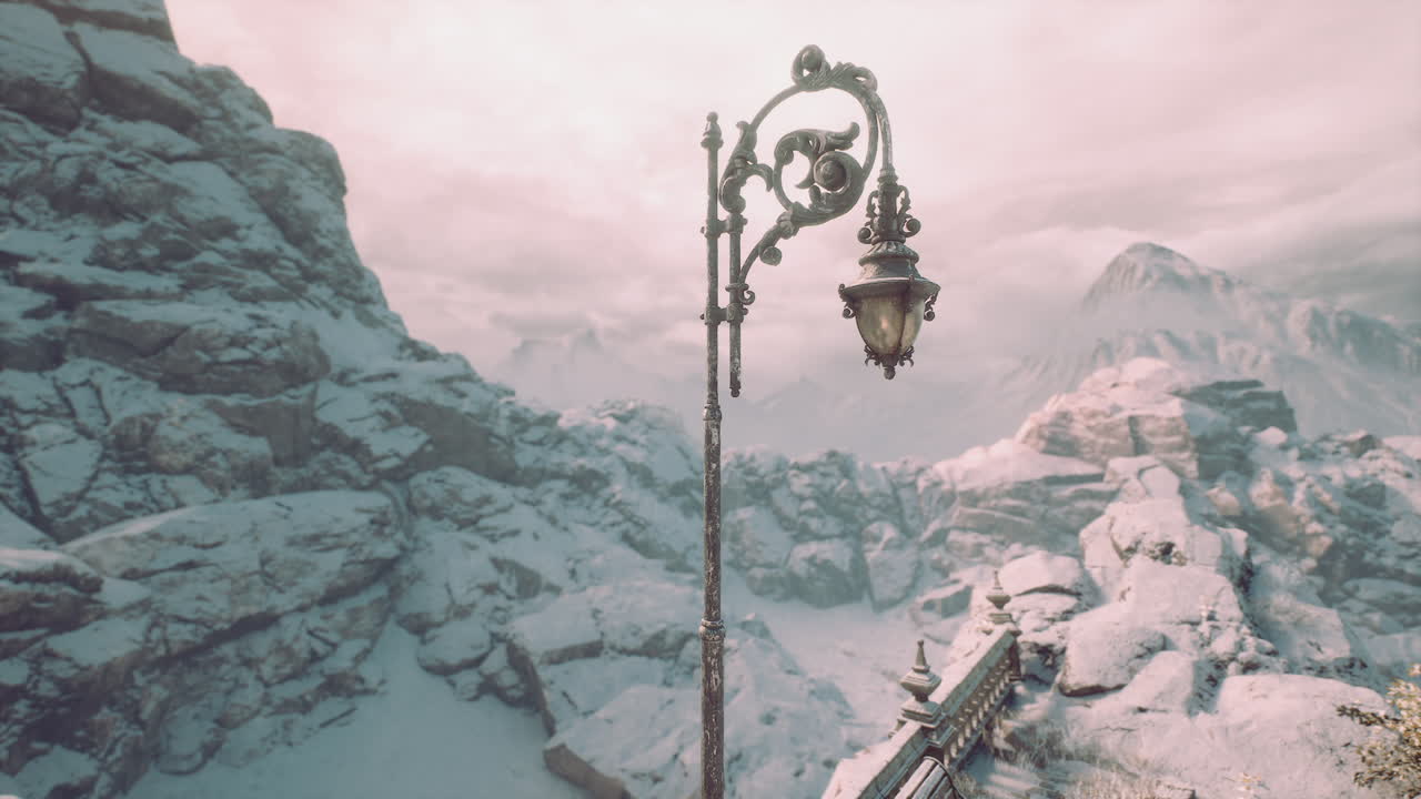 Snow covered mountains with vintage street lamp in winter landscape