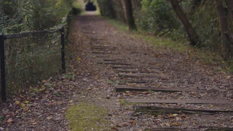 Autumn-Hiking-in-Japan,-Railway-Sleepers-along-Abandoned-Train-Line,-Hyogo