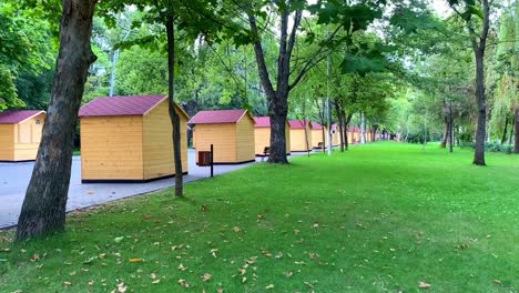 Series-of-cottages-along-the-road-surrounded-by-grass-and-trees,-dynamic-dolly-shot