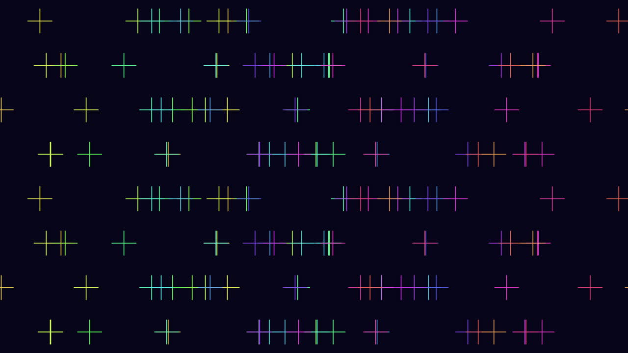 무지개는 어두운 공간에 네온 색상이 있는 행의 패턴을 교차합니다.