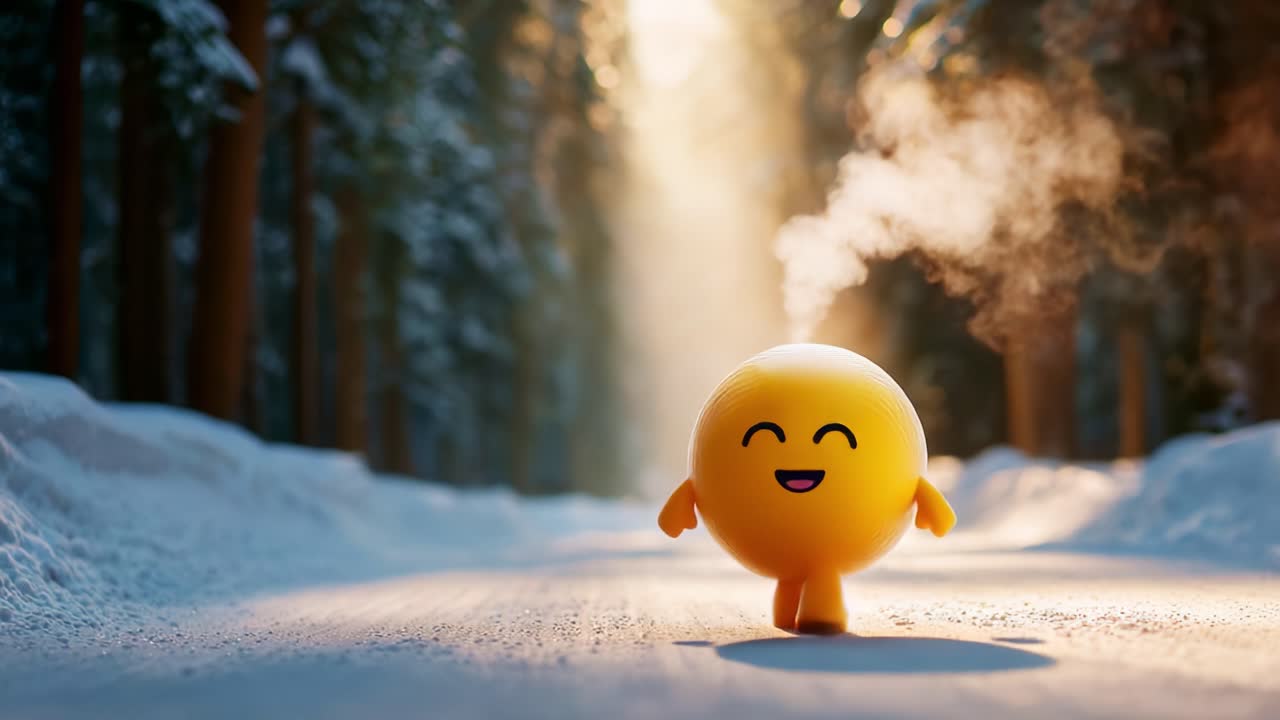 A cheerful yellow character joyfully skips through a snowy forest path, exhaling steam in a whimsical winter wonderland, filled with light filtering through the trees