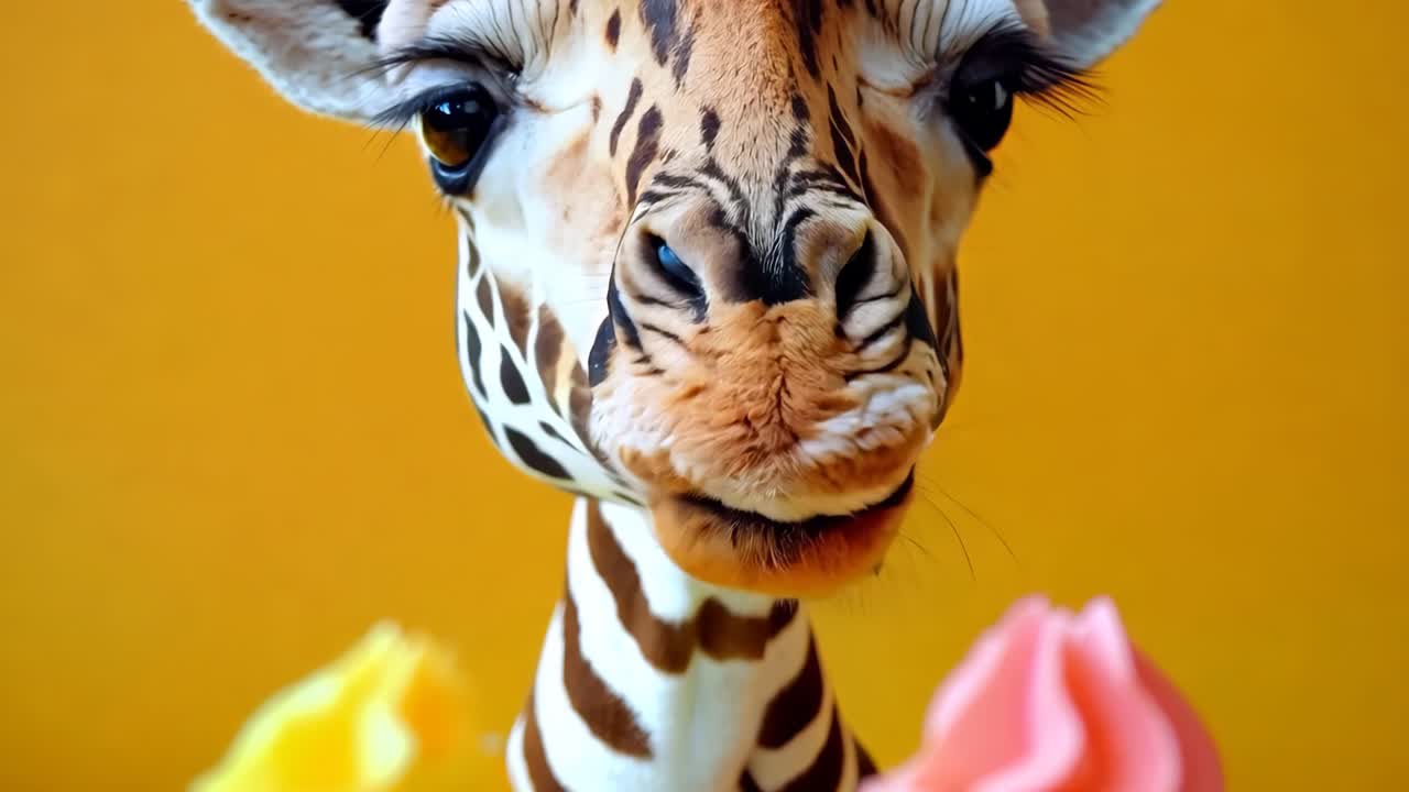 A giraffe standing next to three cupcakes on a blue plate