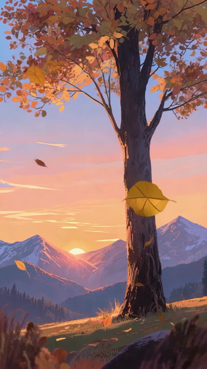 Tree with falling leaves at sunset