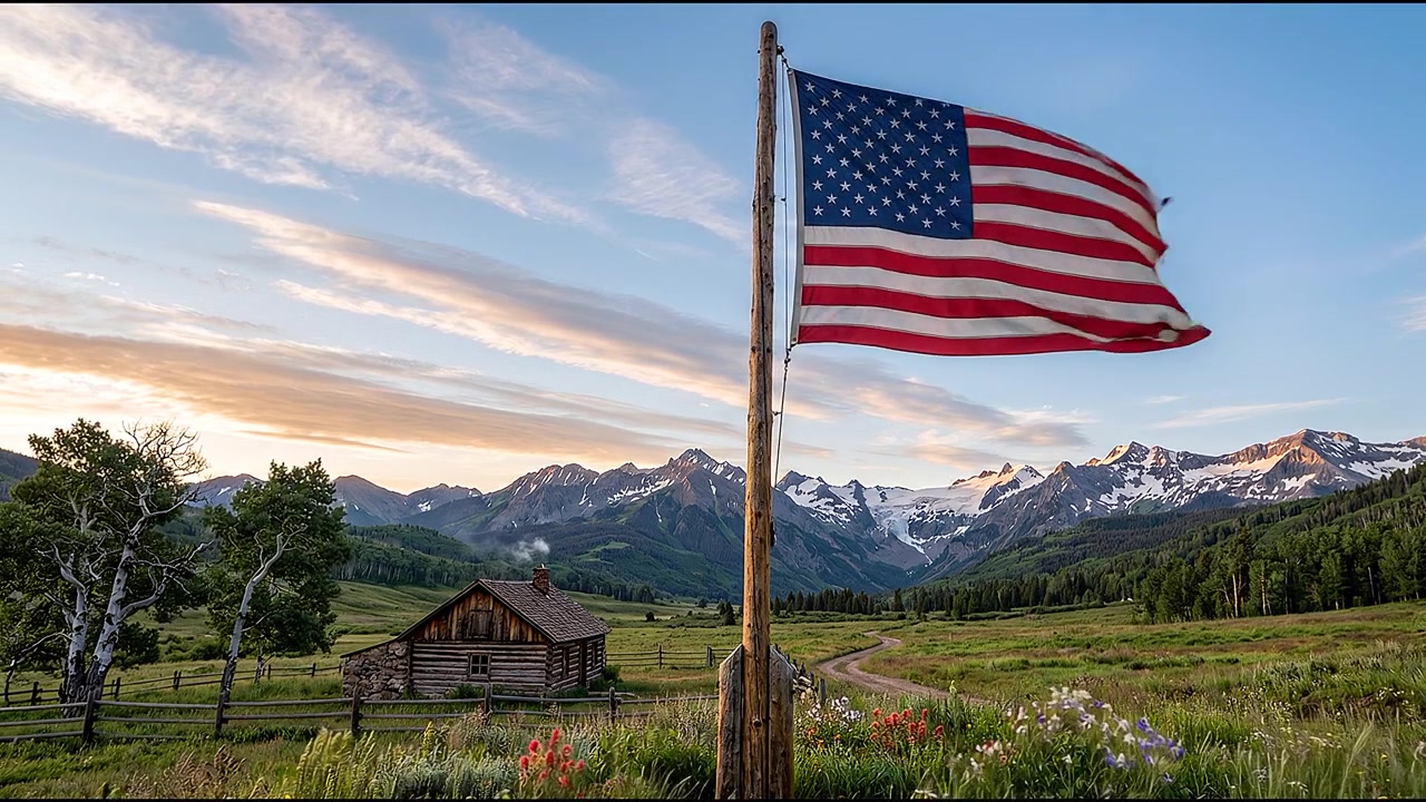 Bandiera americana che sventola vicino a una baita rustica di montagna e fiori selvatici colorati in una campagna tranquilla