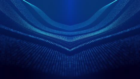 sci-fi abstract theme with particle mirror waves. 4k looped abstract blue background of glow particles form curved lines, surfaces simmetrical structures. digital bg with particle hologram.