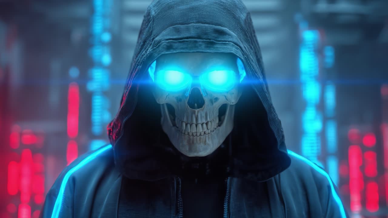 A futuristic figure cloaked in a black hoodie with glowing blue accents and skeletal features stares intensely in a high-tech environment filled with neon lights and abstract patterns