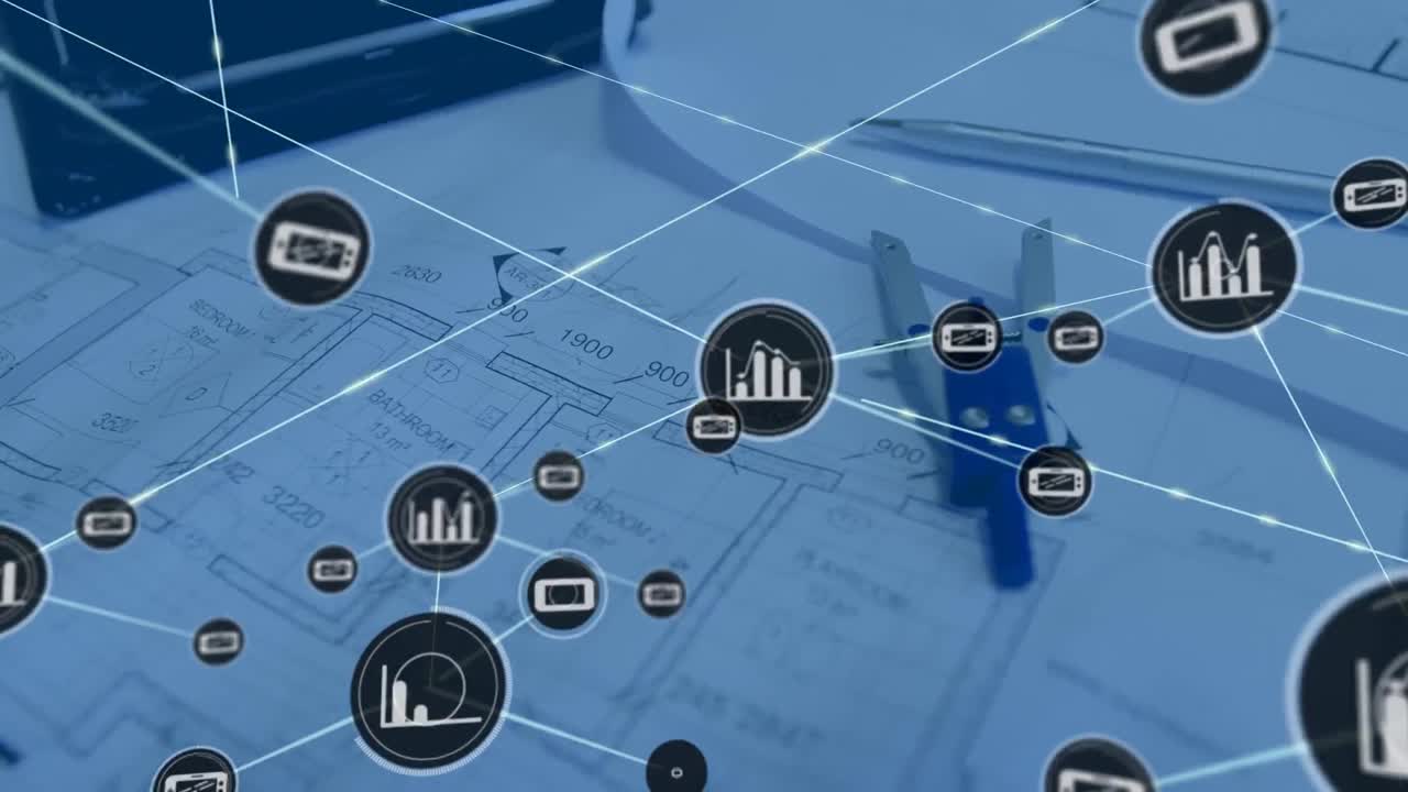 animación de la red de conexiones sobre el plan de construcción en el escritorio