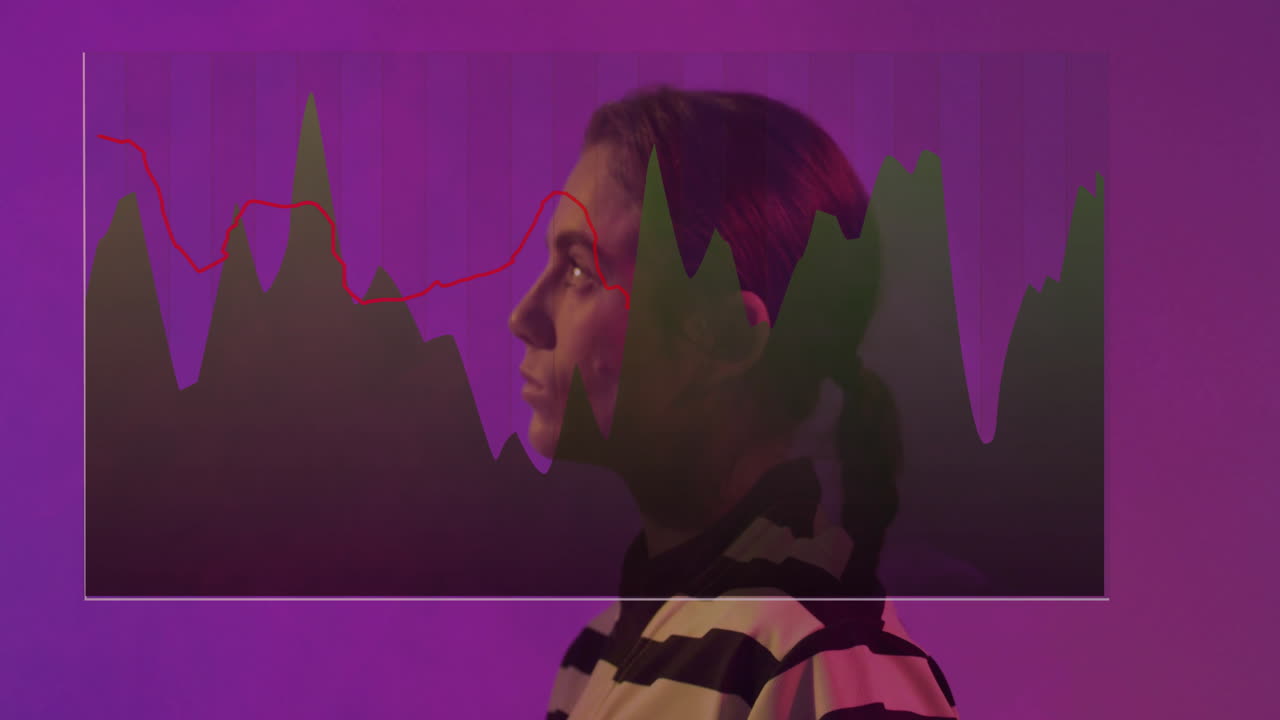 Analyzing data graph overlay, woman in striped shirt on purple background animation