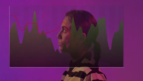 Analyzing data graph overlay, woman in striped shirt on purple background animation
