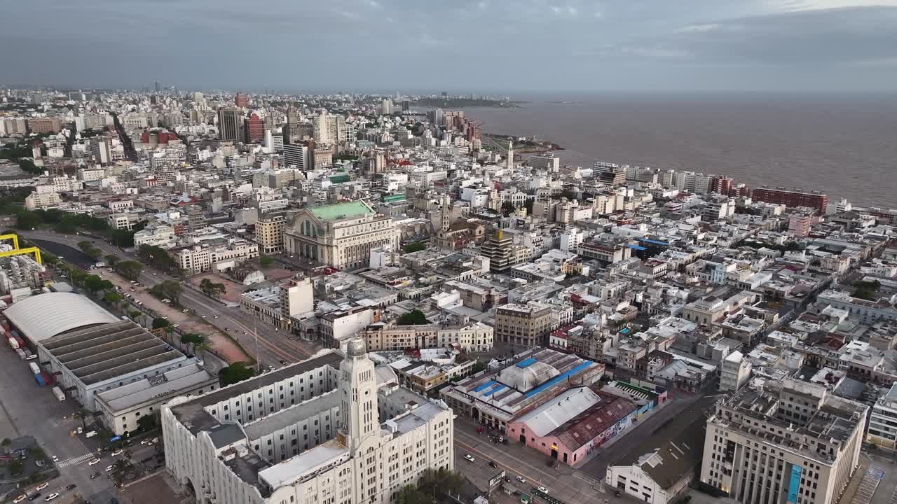 Aerial View Of Montevideo Uruguay City Center And Port Drone Shot