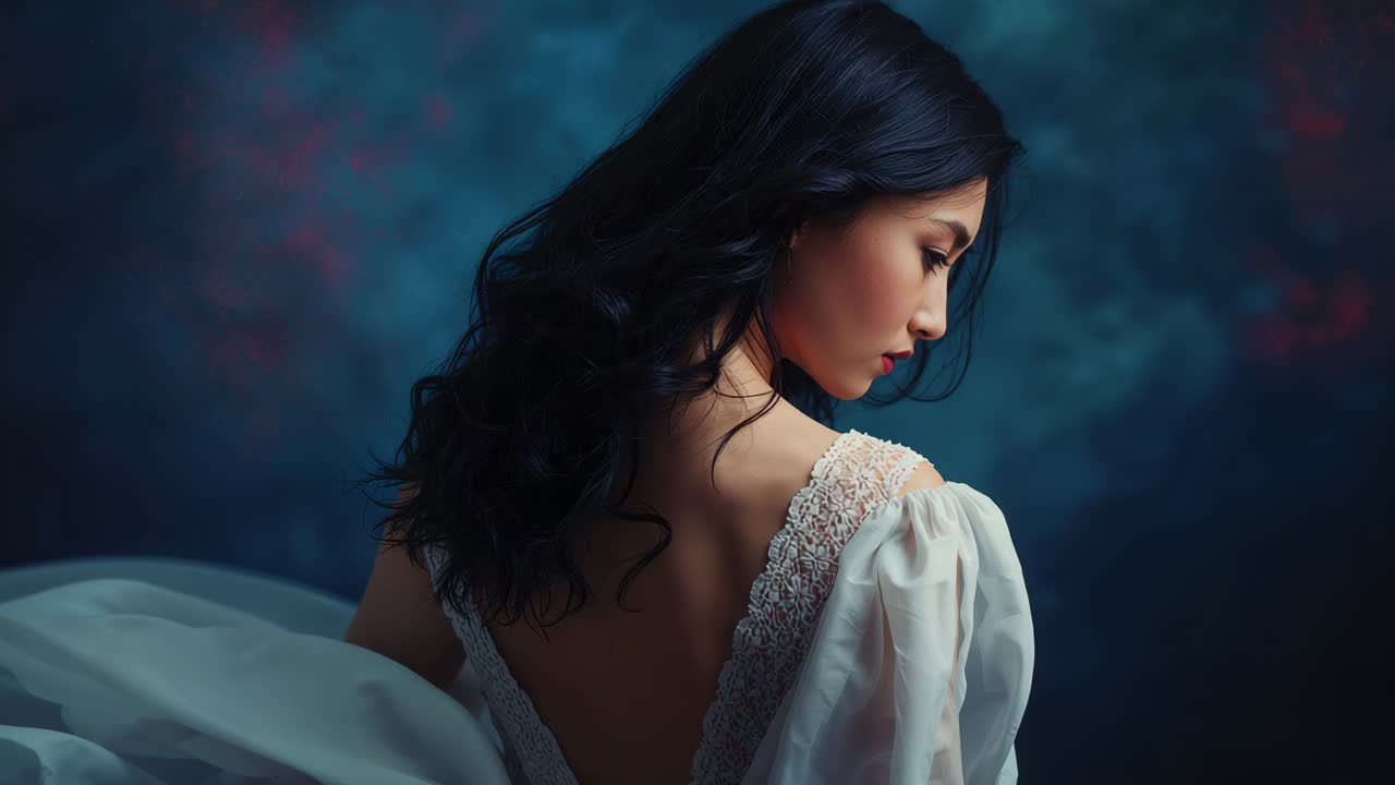 Lowering chin, Asian woman adjusting pose for portrait in studio wearing white dress with lace trim