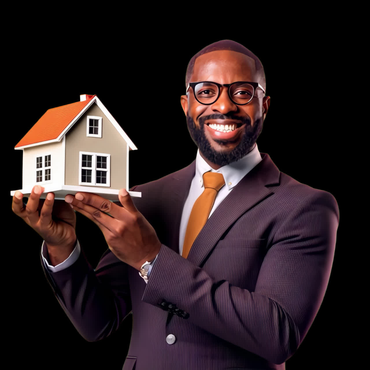 Smiling realtor holding model house animation isolated asset, transparent 4K video, alpha channel