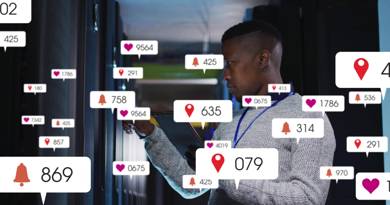 IT Technician Monitoring Server Room with Social Media Analytics Overlay