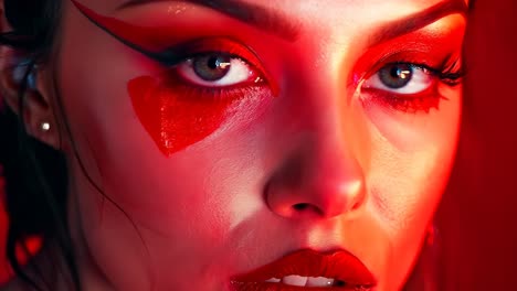 a woman with red makeup and a heart on her face