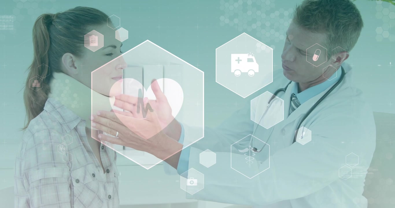 Animación de iconos digitales sobre un médico caucásico con un paciente en el hospital.