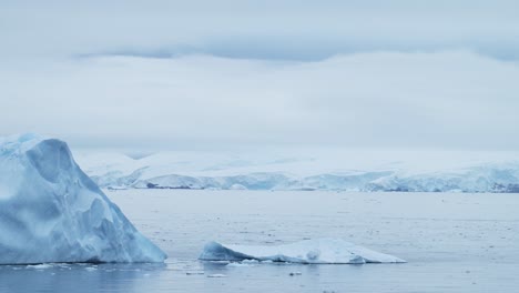 Iceberg-and-Winter-Sea-in-Cold-Blue-Landscape-Scenery,-Antarctica-Seascape-with-Ice-and-Glacier-in-Dramatic-Beautiful-Coastal-Scene-on-Coast-on-Antarctic-Peninsula,-Moody-Blue-Atmosphric