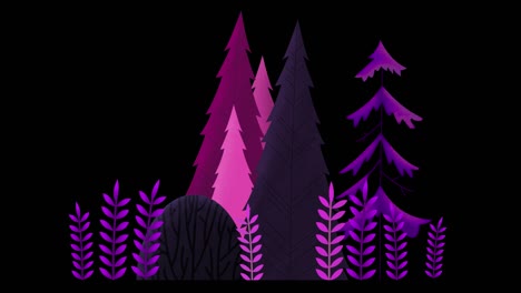 seamless loop. group of evergreen trees, grass and bushes swinging in wind. purple and pink misty night.