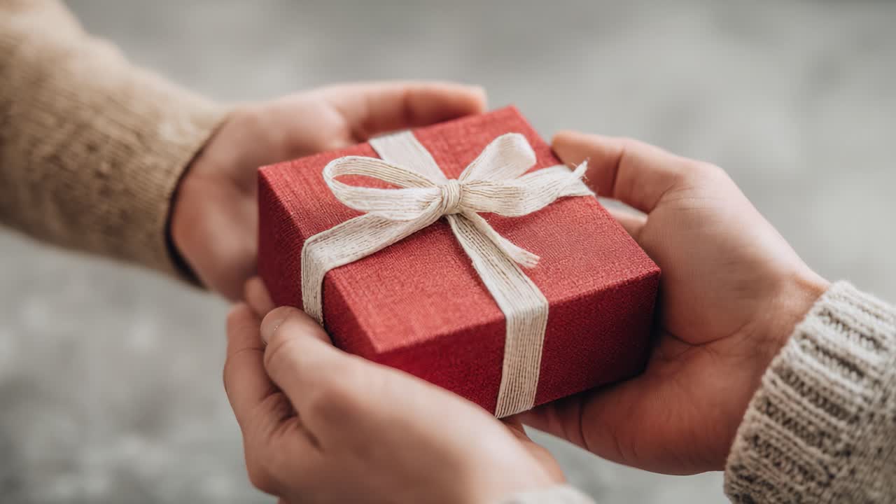 Uno scambio di doni commovente: la gioia di dare e ricevere un regalo splendidamente incartato con un fiocco, che simboleggia amore e connessione tra due persone.
