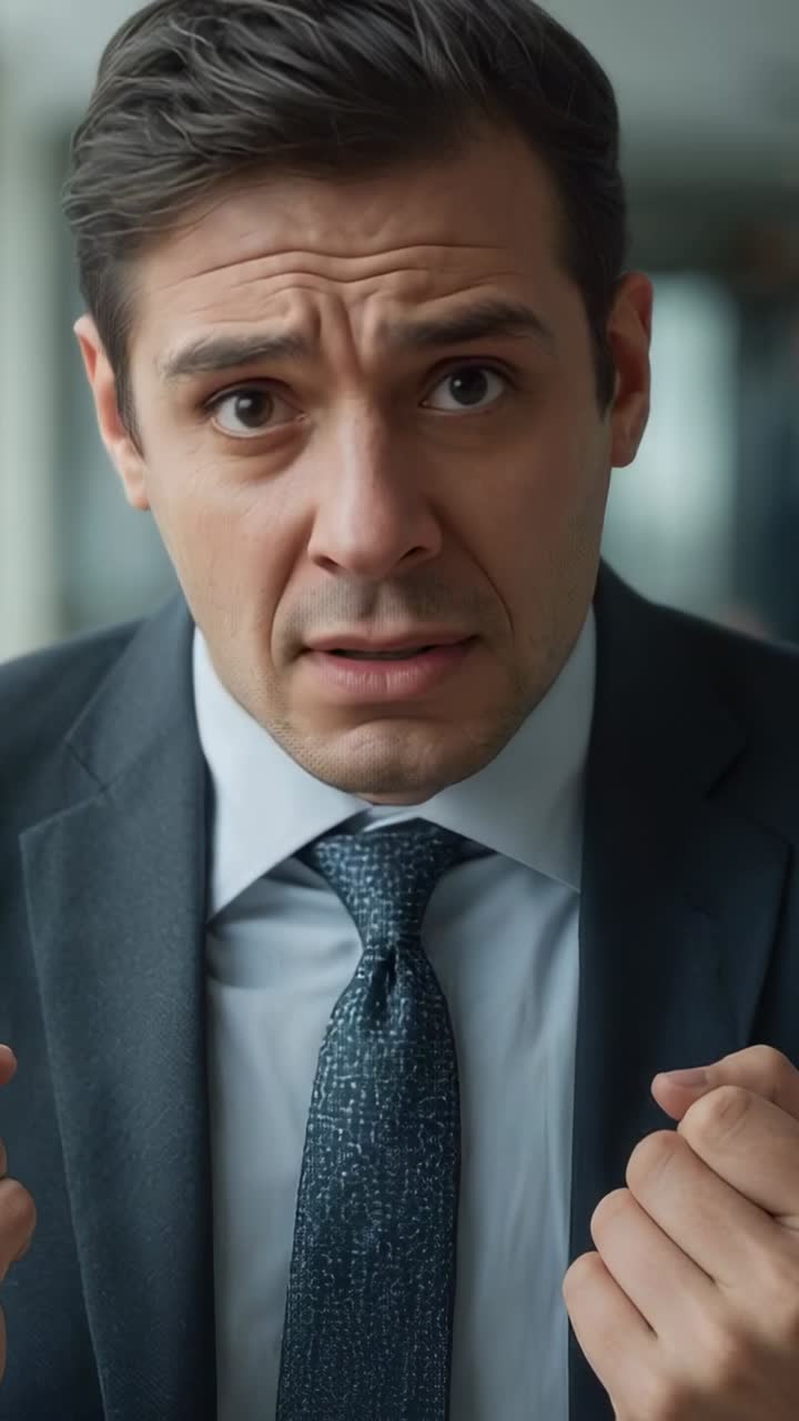 Video verticale: uomo in posa ricurva, in giacca e cravatta blu, che incontra lo sguardo in ufficio, mostrando preoccupazione
