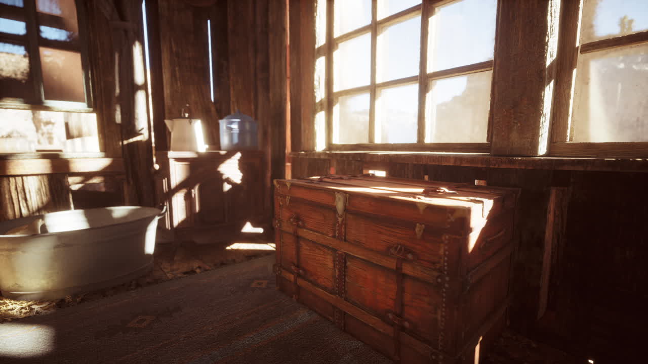 Cozy rustic interior with sunlight streaming through windows in an old cabin