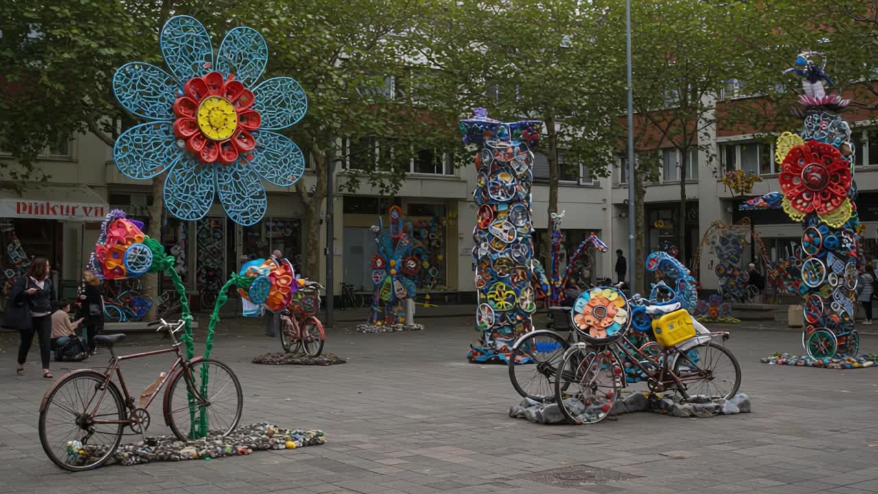 Colorful Artistic Display of Recycled Flowers and Bicycles in a Vibrant Urban Space, Showcasing Creativity and Sustainability through Unique Sculptures