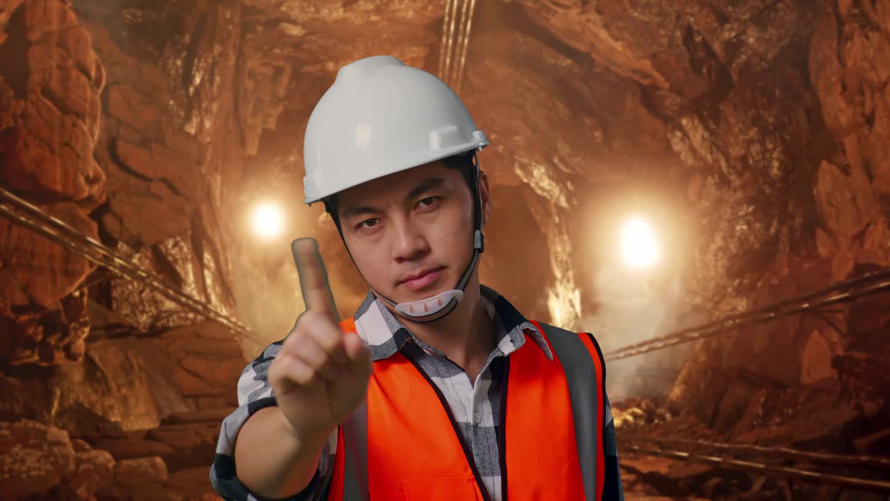 Close Up Of Asian Male Engineer With Safety Helmet Disapproving With No Index Finger Sign While Standing In Underground Mine Tunnel