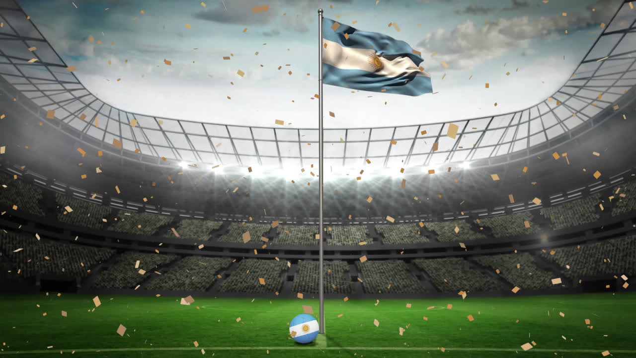 Animazione di coriandoli dorati che cadono su bandiera argentina sventolante su sfondo di stadio sportivo