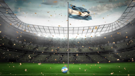 animation of golden confetti falling over waving argentina flag against sport stadium