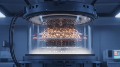 a high-detail exploration of quantum computing technology in action, featuring a complex quantum processor illuminated by dynamic lights within a laboratory setting