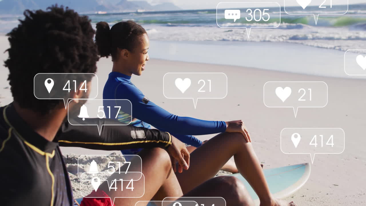 People relaxing on beach with social media notifications overlay animation