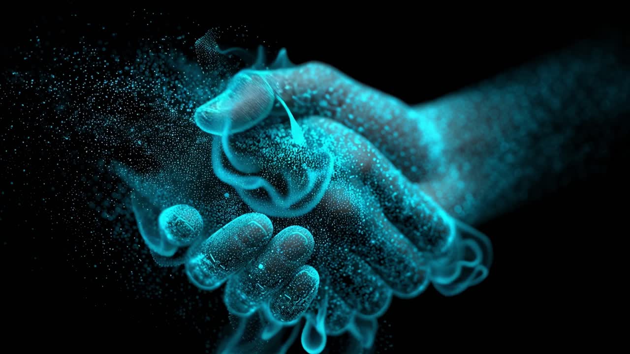 A Digital Representation of Unity and Connection: Two Hands Shaking in a Stunning Display of Particles and Light, Symbolizing Trust, Agreement, and Engagement in a Futuristic Aesthetic