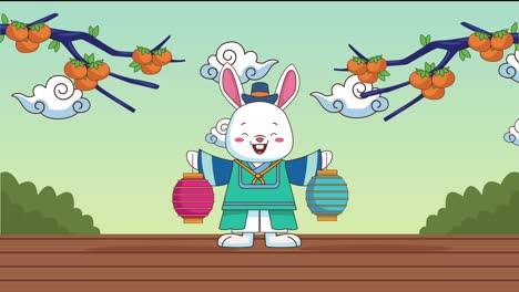 happy chuseok celebrating with rabbit lifting lanterns