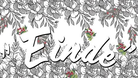 digital animation of einde text over multiple leaves icons against floral design on white background