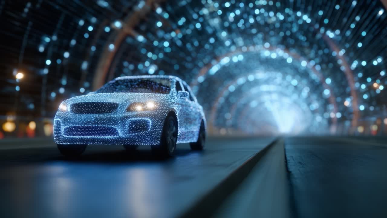Un'auto futuristica illuminata da luci scintillanti viaggia attraverso un tunnel ipnotico di luci blu luccicanti, creando un'esperienza visiva accattivante e incantevole