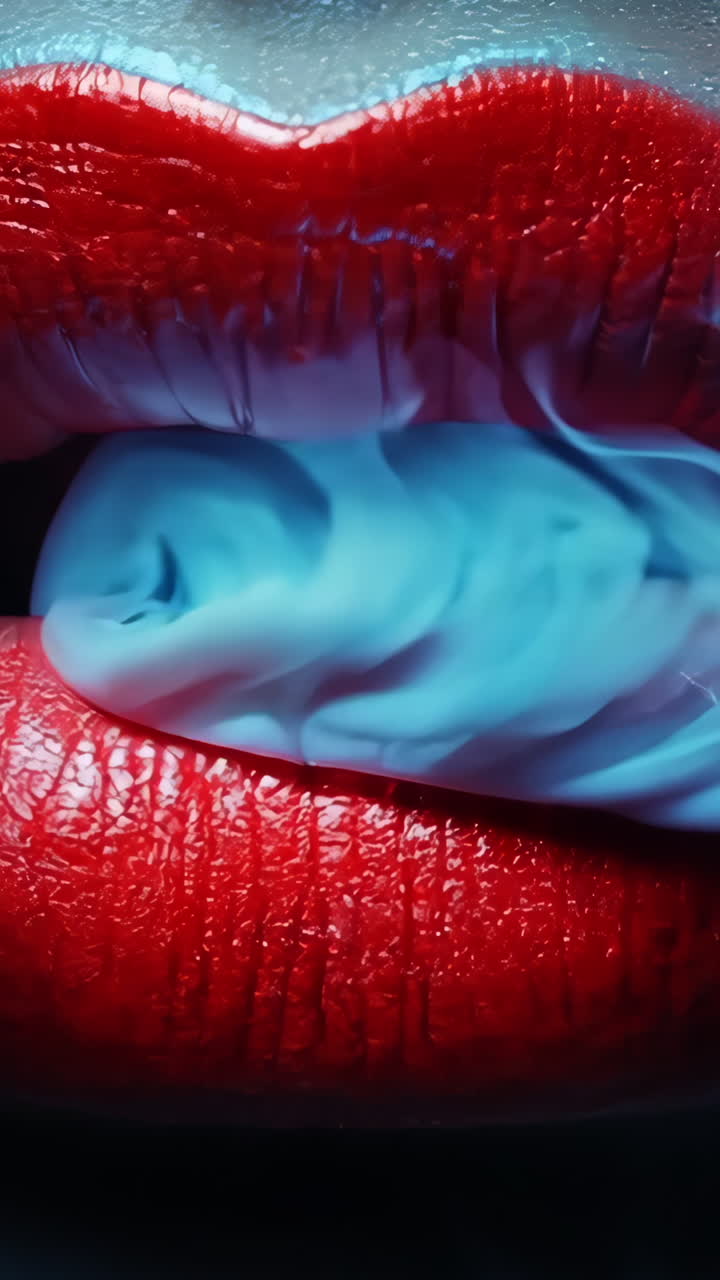 A woman's lips are painted red and she is surrounded by smoke. The image has a mysterious and eerie mood, as the smoke seems to be coming from the woman's mouth