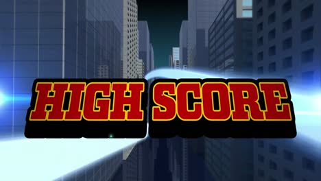 animation of high score text over cityscape on blue background