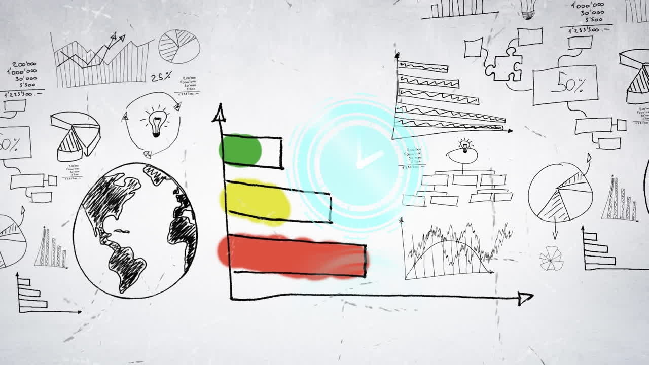 하 ⁇  배경 위에 아이콘이 있는 움직이는 시계와 그래프의 애니메이션