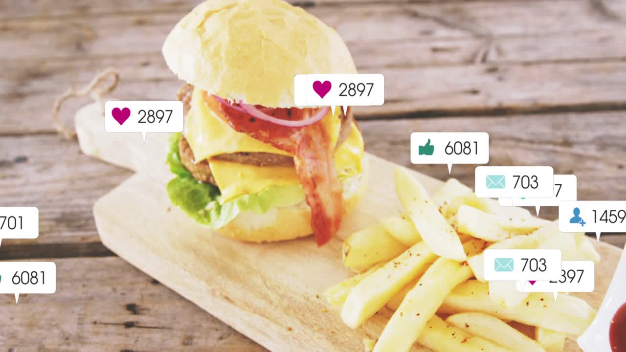 Pin appearing above fries, badges multiplying and clustering around burger, showing social buzz