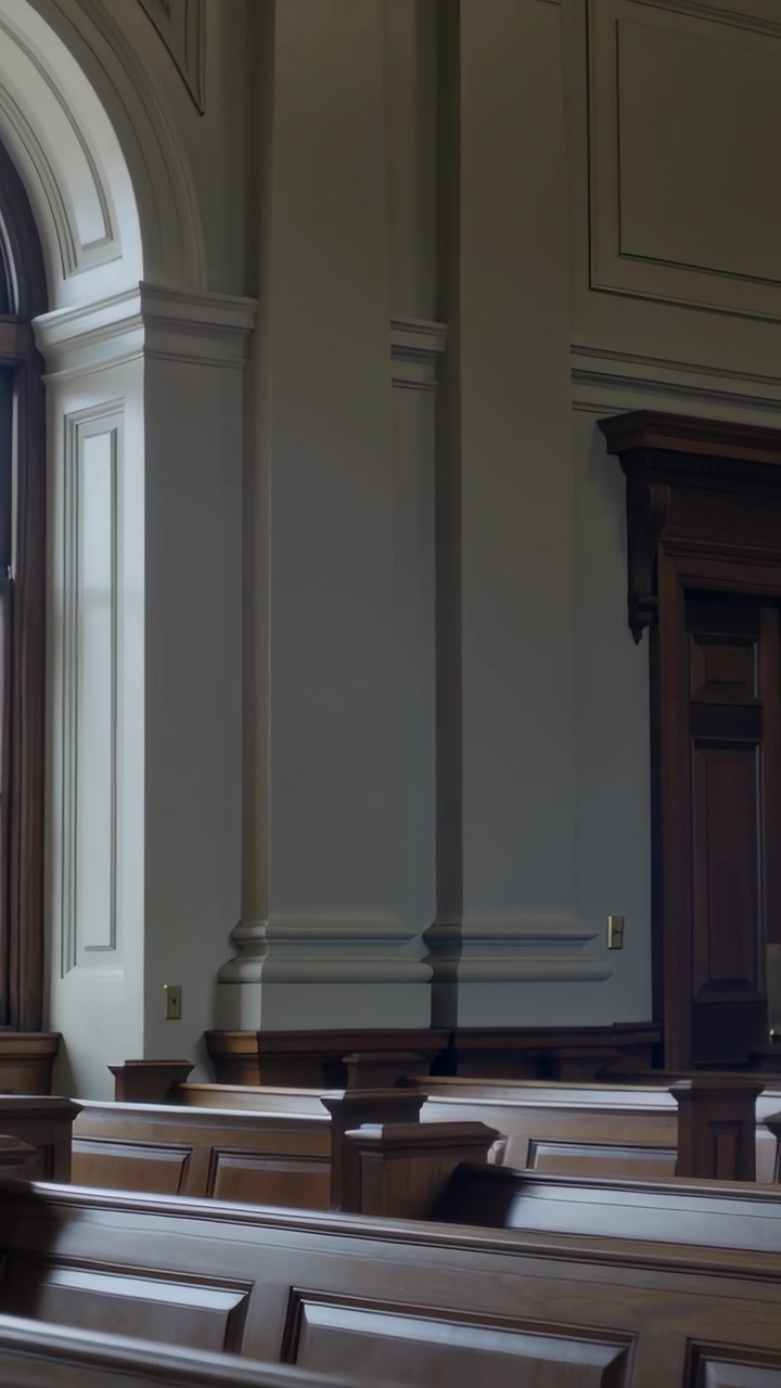 Video verticale: Telecamera panoramica che rivela banchi di legno, una finestra ad arco e doppie porte in una sala formale.