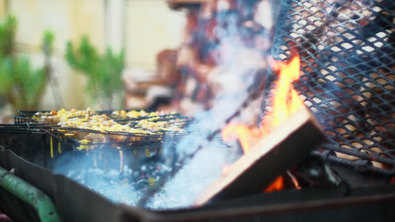 Grilling curried lamb skewers on hot coals of fire in South Africa, rack focus