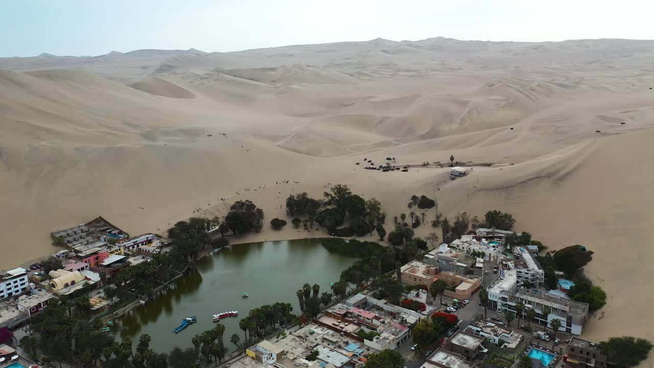 Huacachina Village and Lagoon in the Desert Oasis in Peru - Aerial