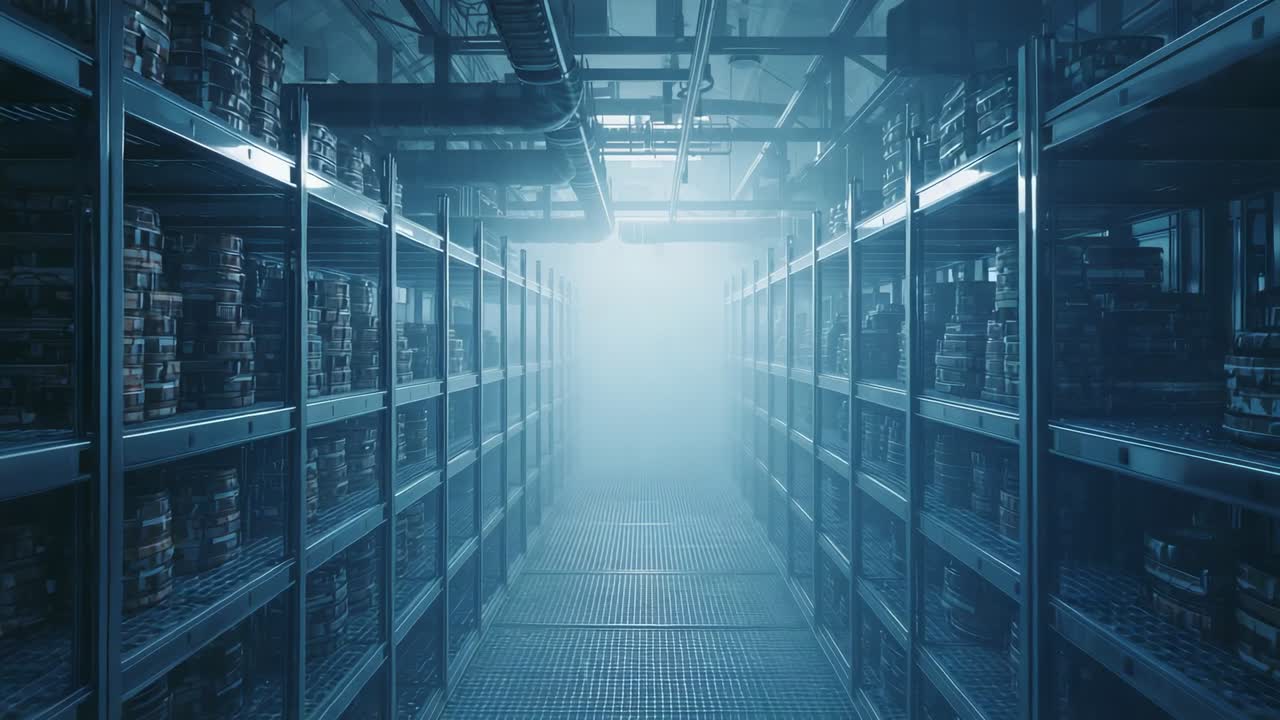 Starting camera moving forward down industrial aisle, with shelving, barrels and overhead pipes