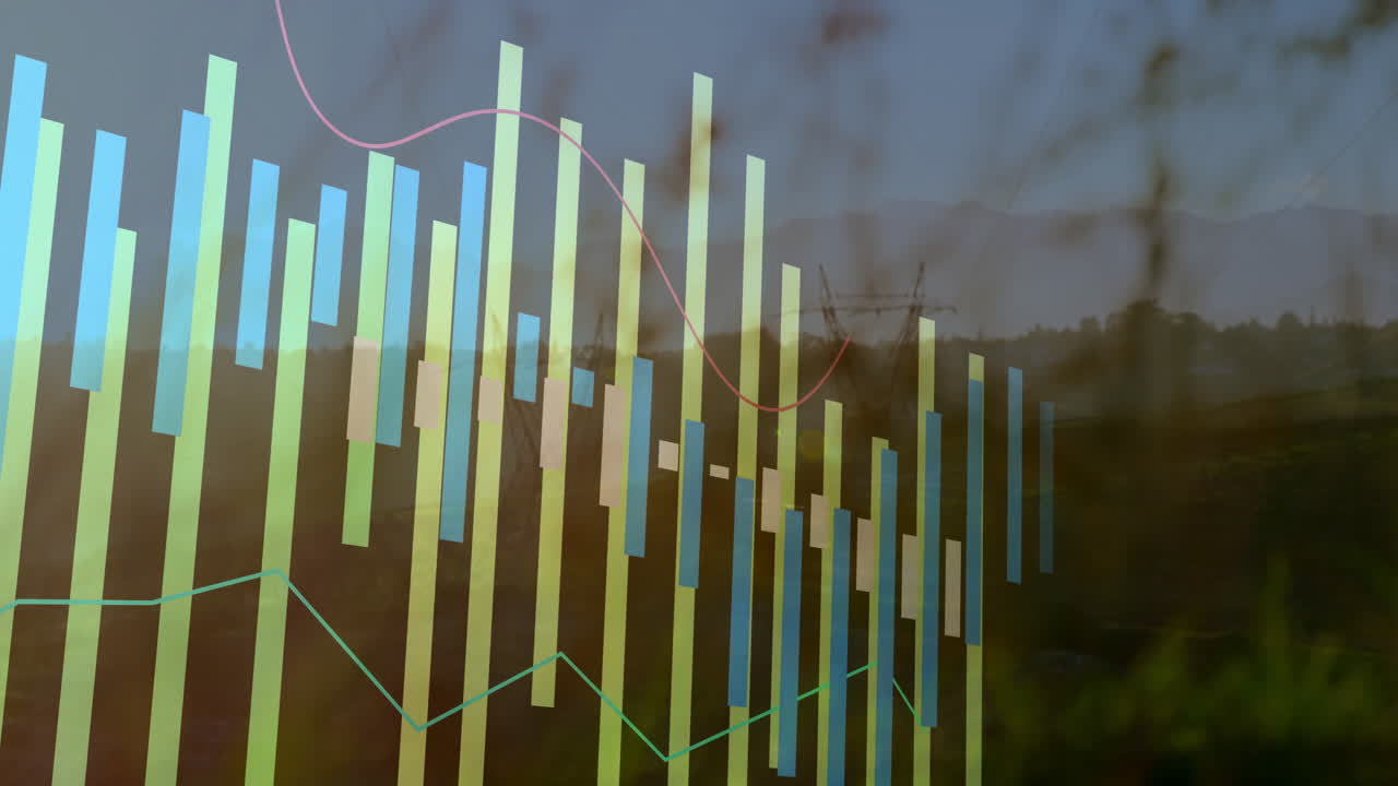 Bar and line graph animation over scenic landscape with distant mountains