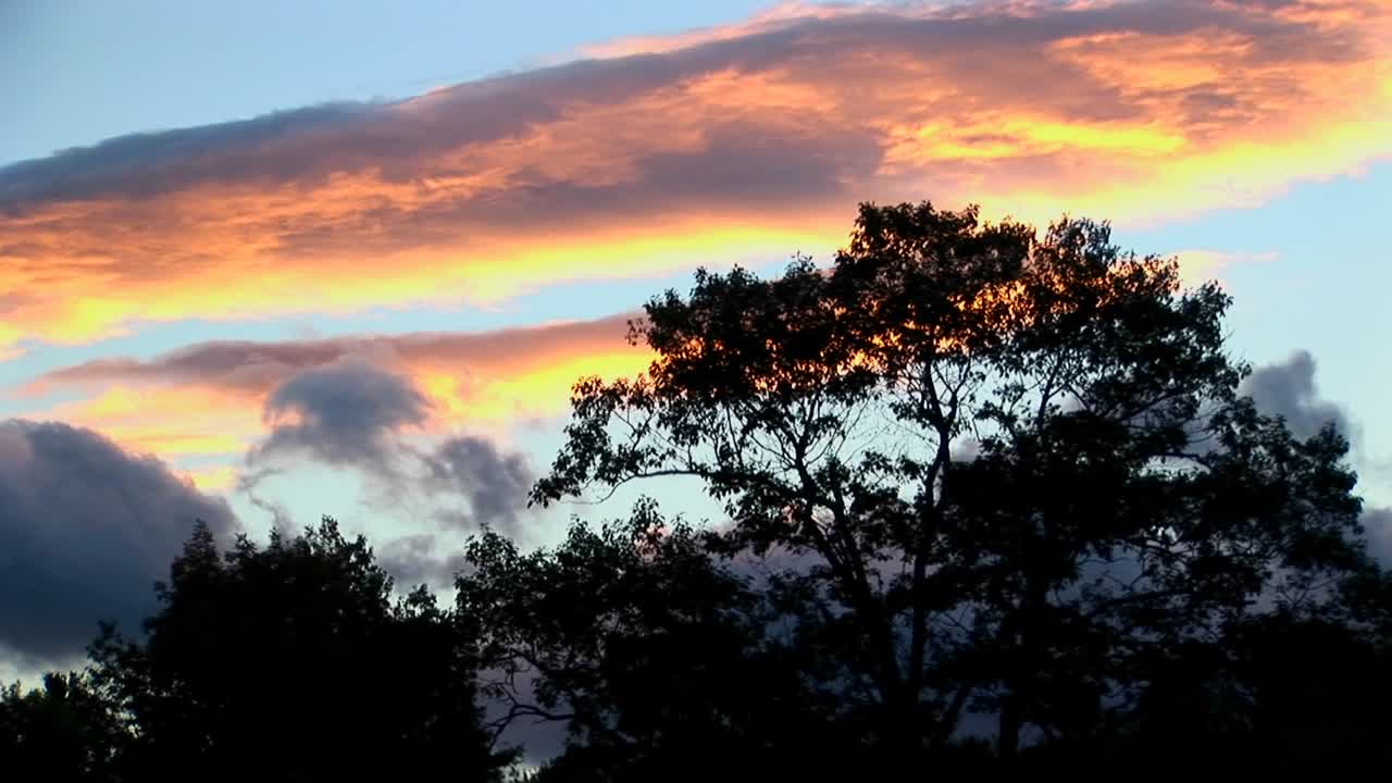 un lapso de tiempo de nubes multicolores sobre la silueta de los árboles en la zona rural de maine
