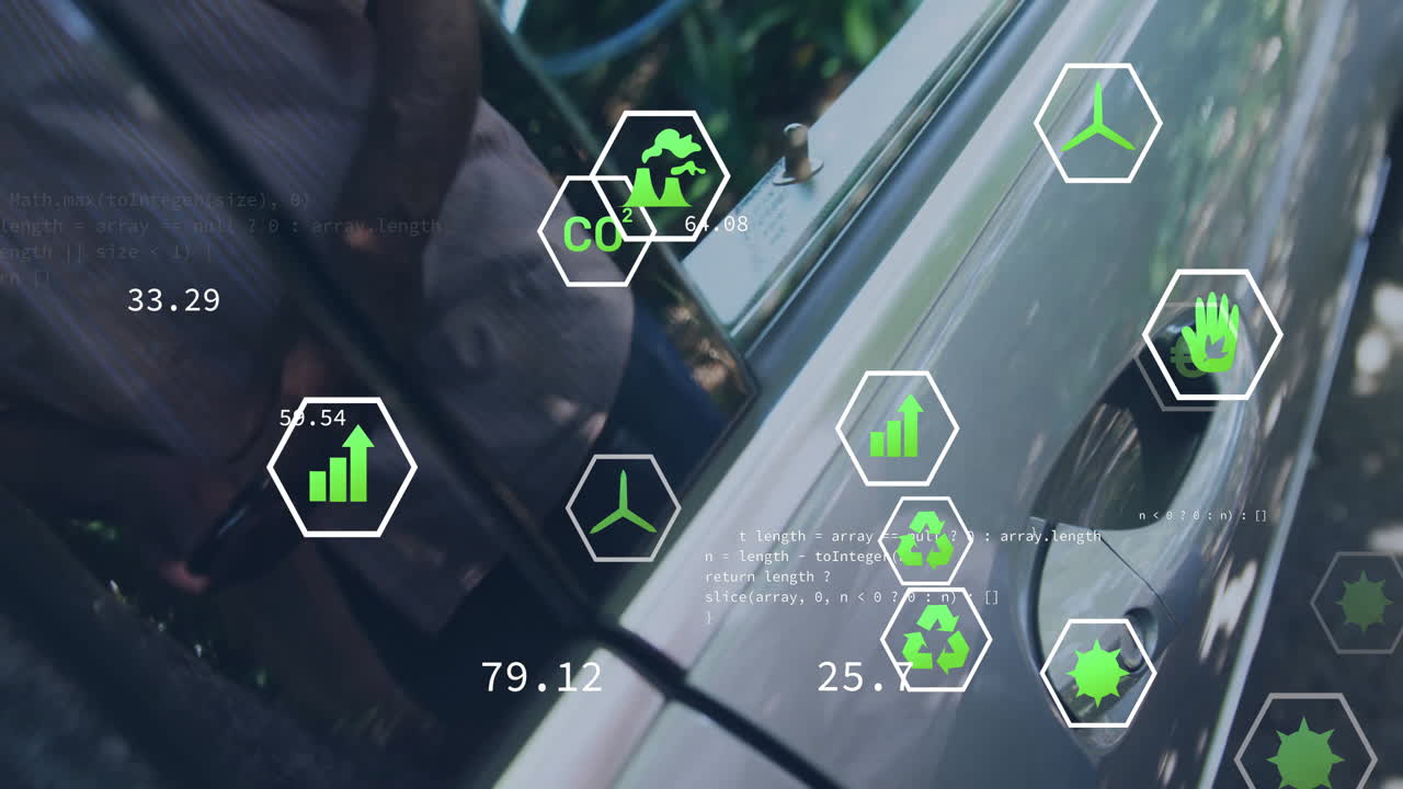 Man plugging electric car charger while displaying green energy icons and code snippets