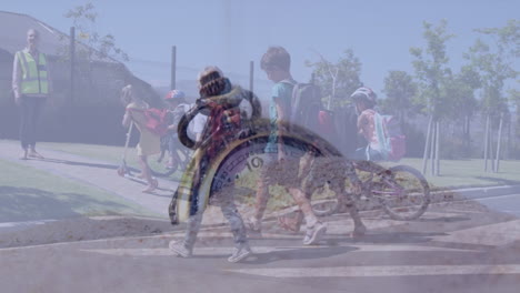 video compuesto de arena cayendo sobre un cronómetro contra los niños de la escuela que cruzan la calle