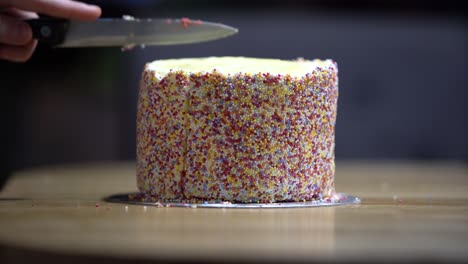 hand cuts delicious rainbow cake with steel knife