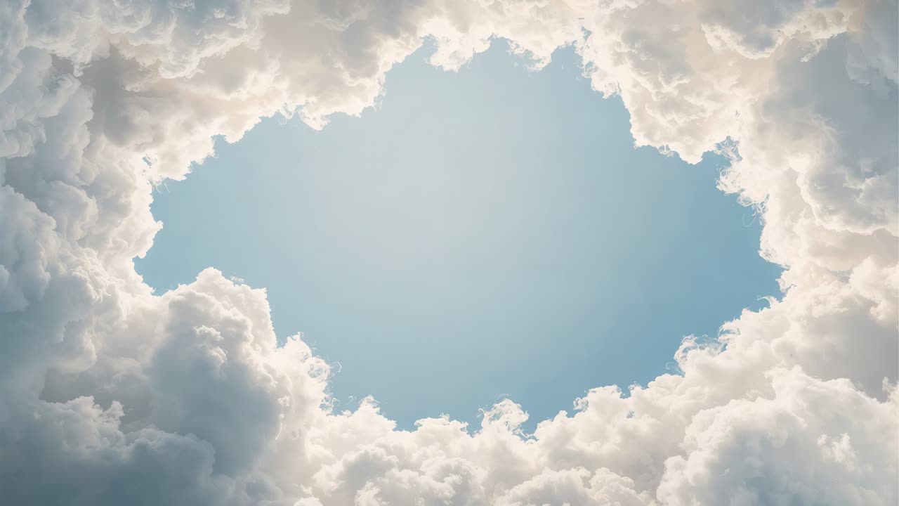 Shifting cumulus clouds widening central aperture, revealing deeper blue sky above with backlit rim