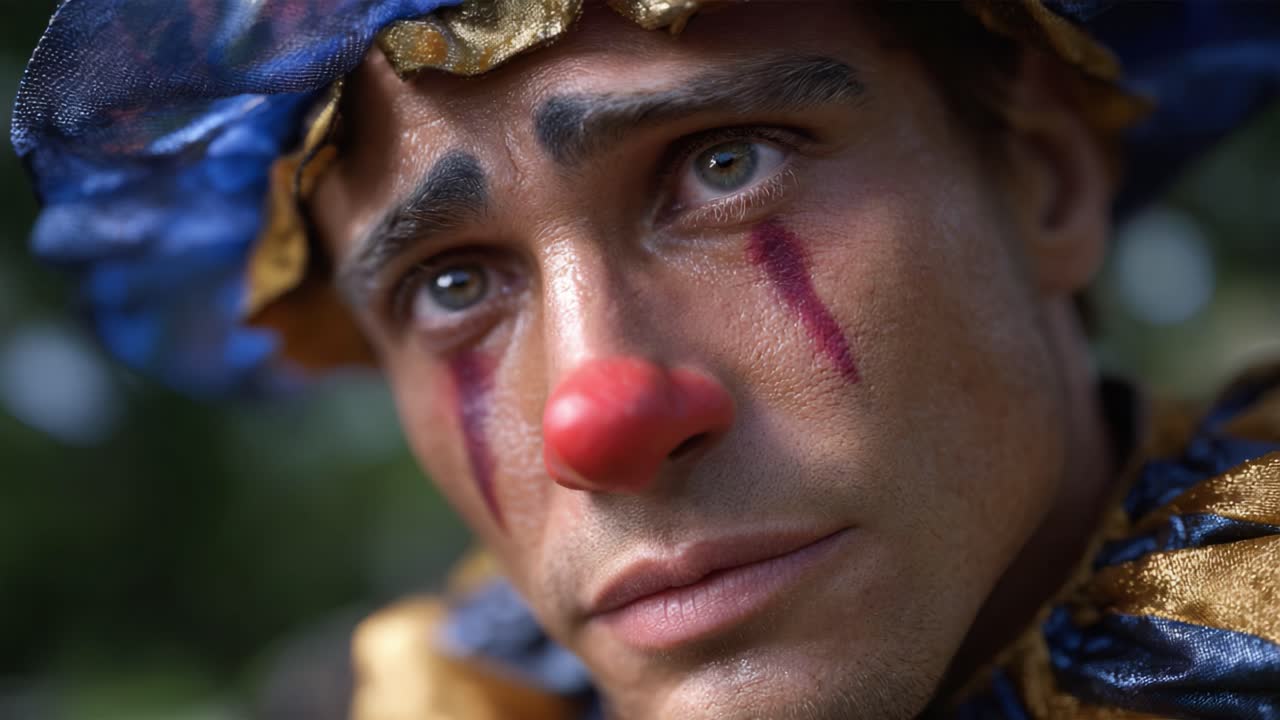 Profonda riflessione di un clown con trucco colorato e naso rosso che esprime emozioni e profondità in un accattivante ritratto ravvicinato