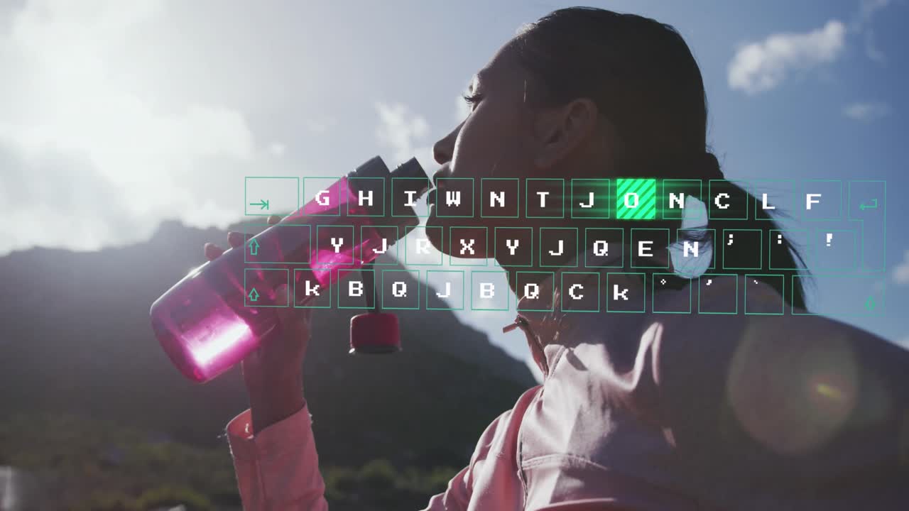 Animation of data processing over biracial woman drinking water during country hike